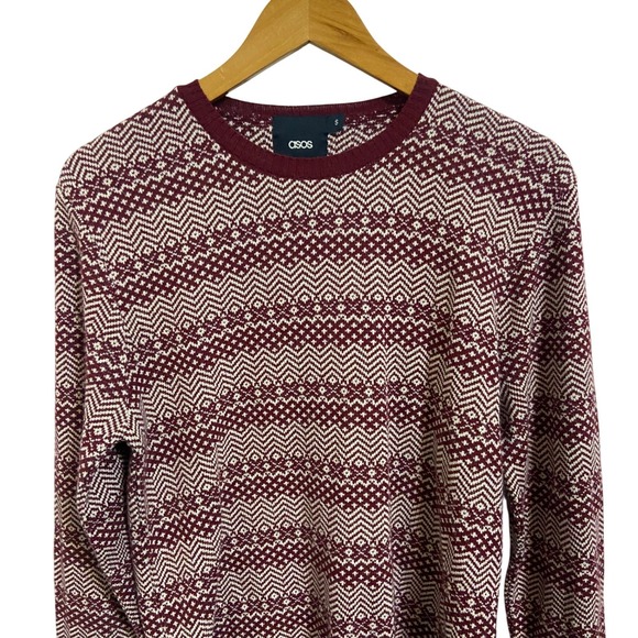 ASOS Burgundy Geometric Chevron Knit Crew Neck Sweater Grandad Nordic Retro S - Picture 7 of 10